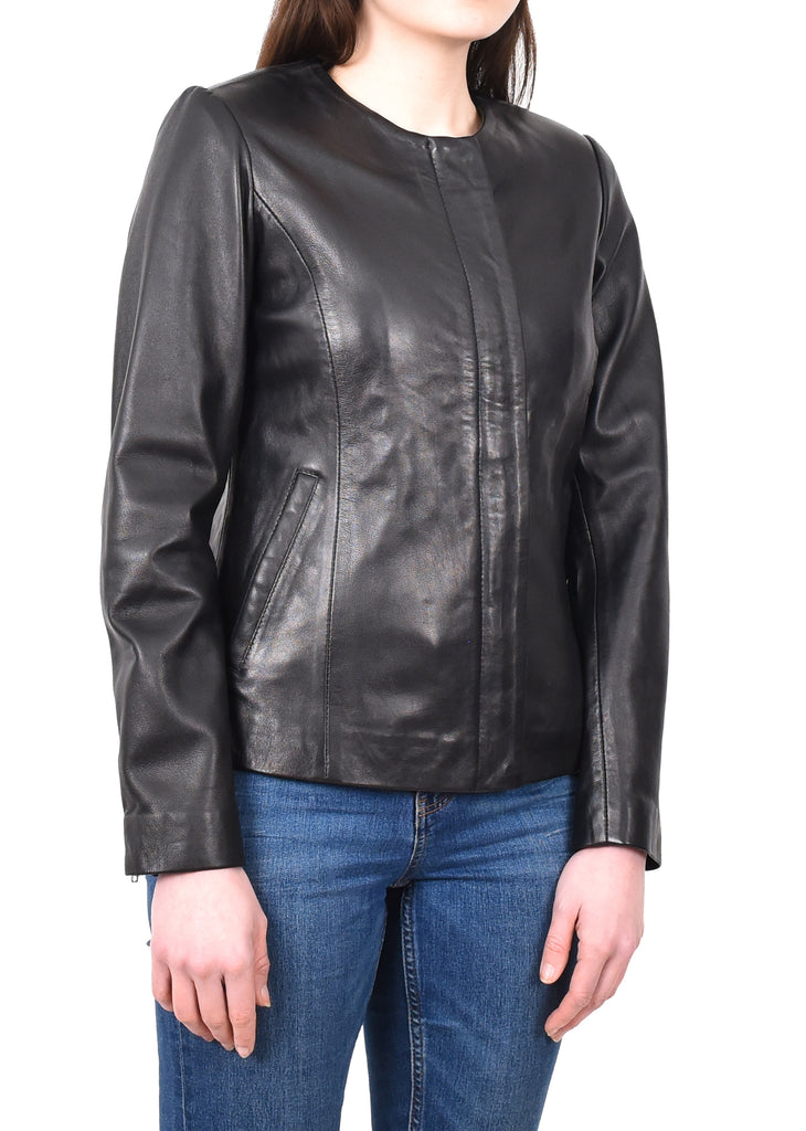 DR244 Women's Real Leather Collarless Jacket Black 6