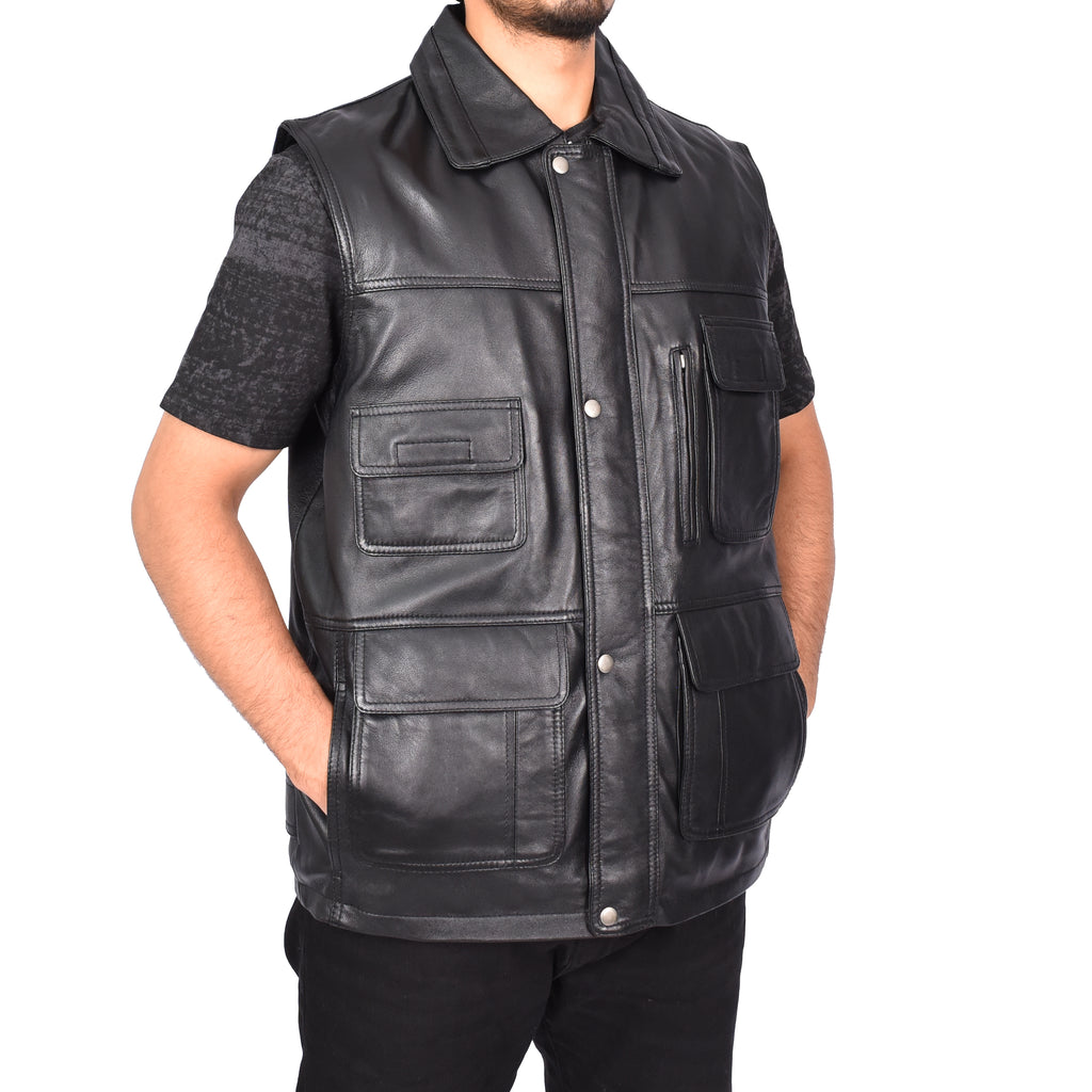 Men's Camping Gilet Fisherman Leather Waistcoat Black Davin 7
