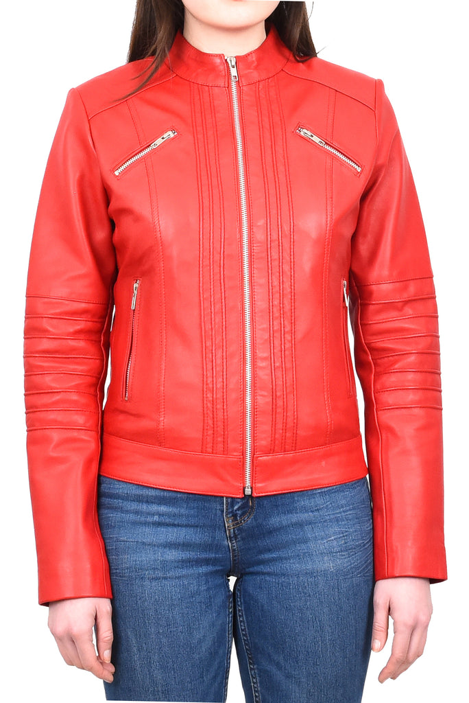 DR222 Women's Casual Biker Leather Jacket Red 6