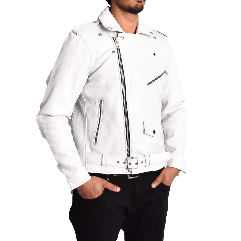 Men's Hard Wearing Real Cowhide Leather Biker Jacket White Gunther-6