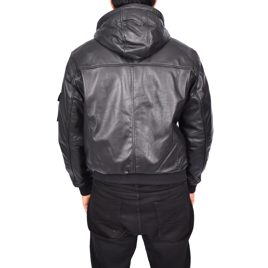 Men’s Leather Detachable Hooded Bomber Jacket Black Jurgen-6