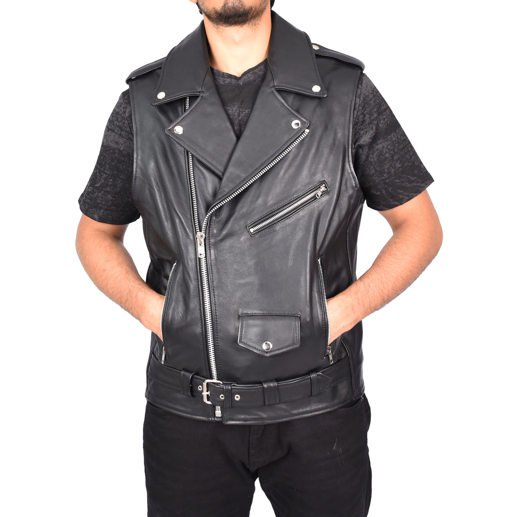 Men's Biker Style Real Leather Waistcoat Black Arkin-6