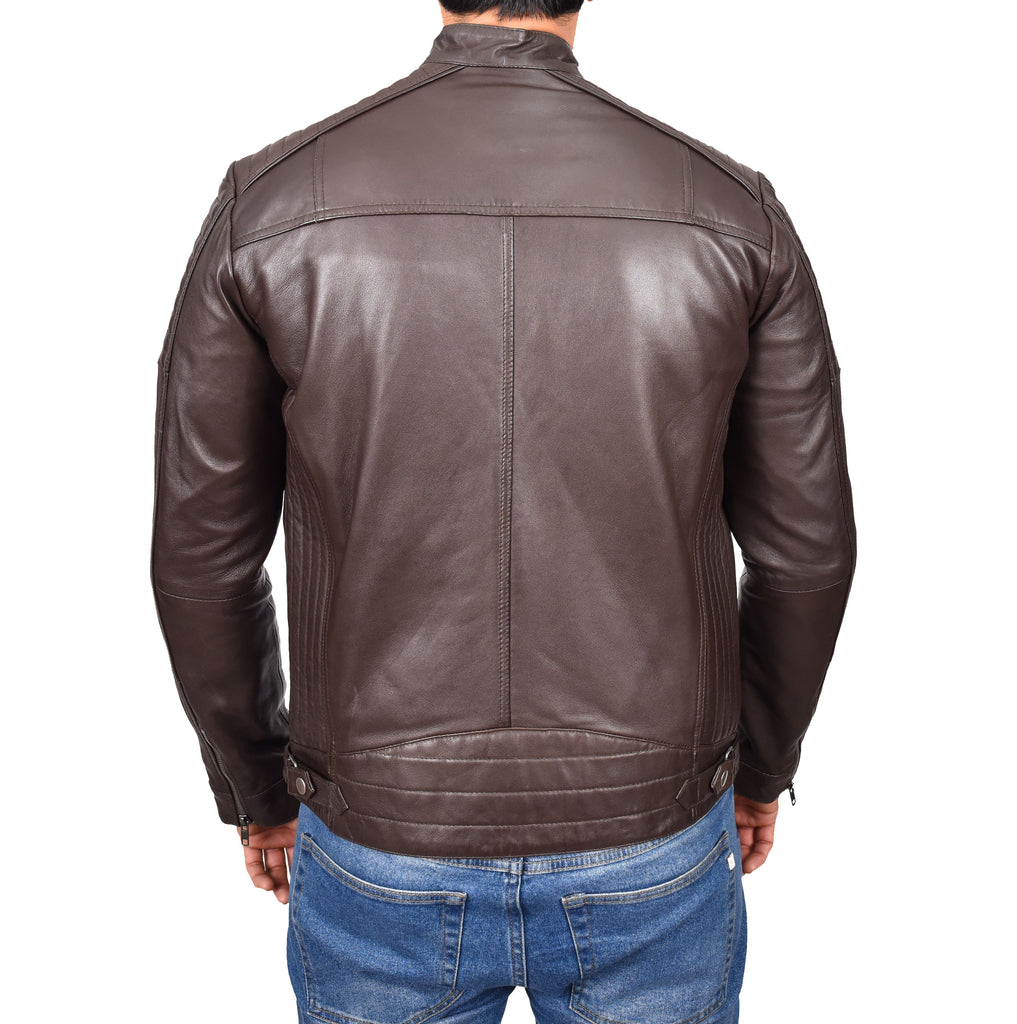 DR101 Men's Leather Cafe Racer Biker Jacket Brown 6