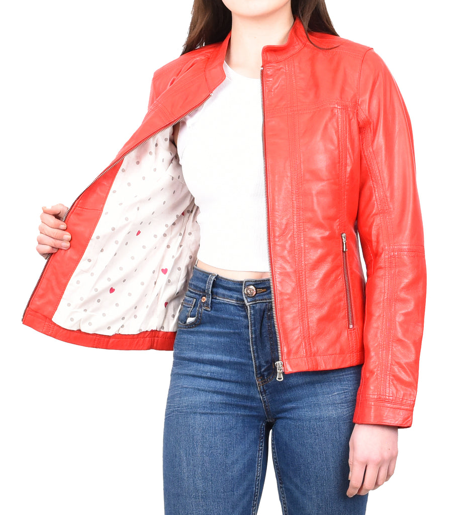 DR257 Women's Leather Classic Biker Style Jacket Red 11