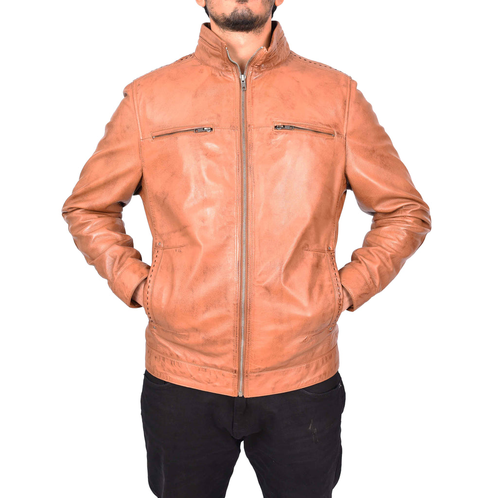 Men's Classic Biker Real Leather Jacket Tan Erland-6