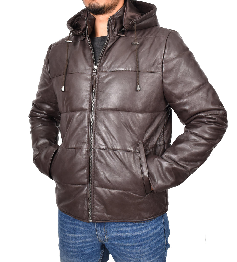 DR188 Men's Leather Hooded Puffer Jacket Brown 6