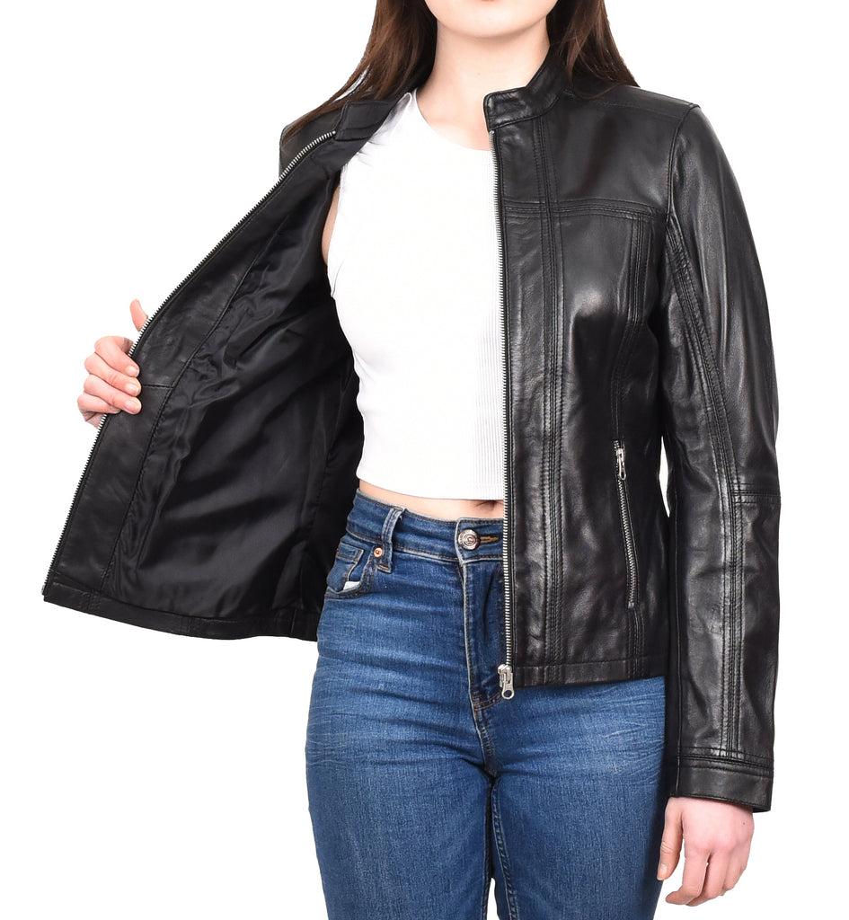 DR257 Women's Leather Classic Biker Style Jacket Black 11