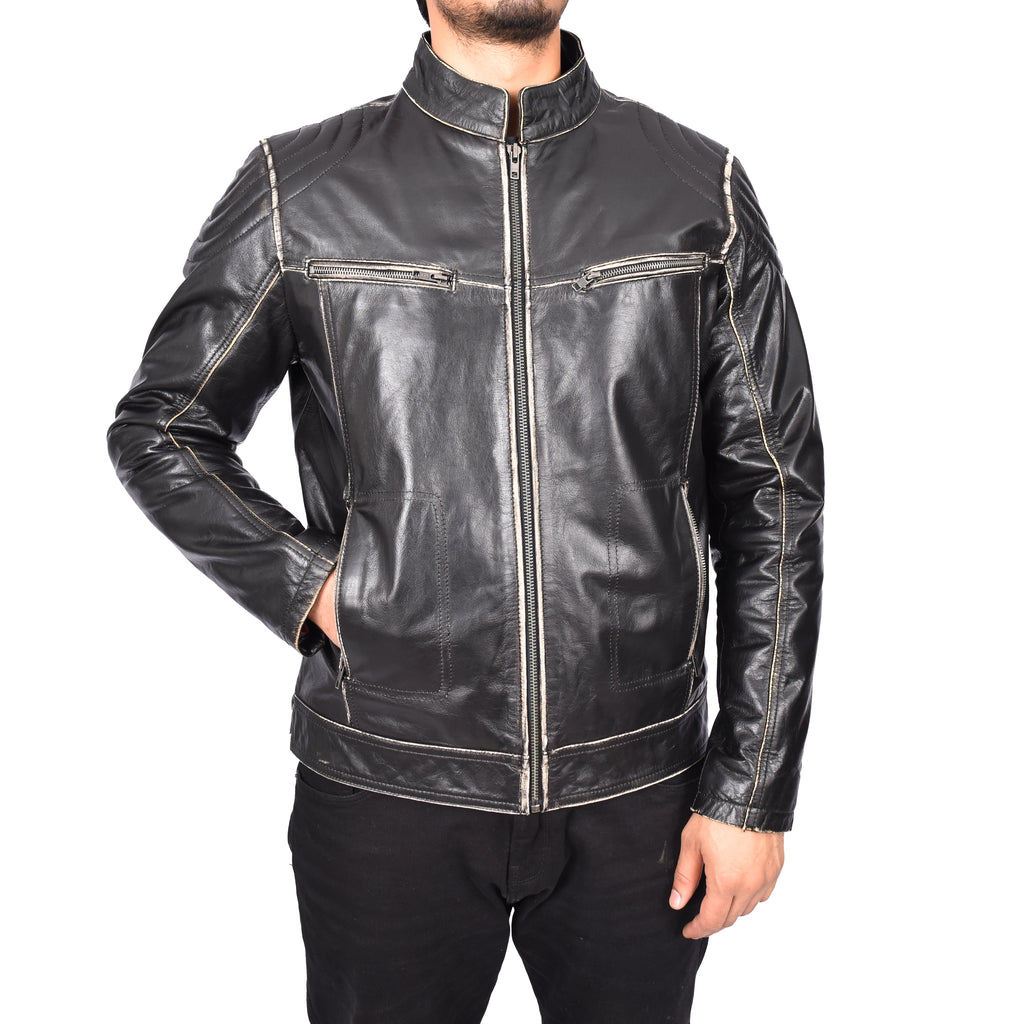 Men's Vintage Biker Real Leather Jacket Dark Brown Lars-6