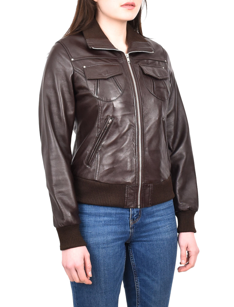 DR514 Womens Leather Classic Bomber Jacket Brown 6