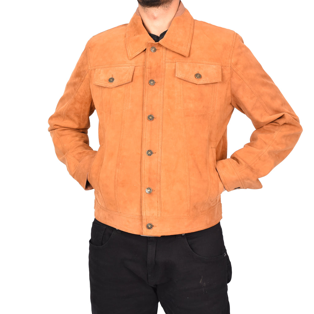 Men's Genuine Suede Buttoned Leather Jacket Trucker Style Tan Rorik-6