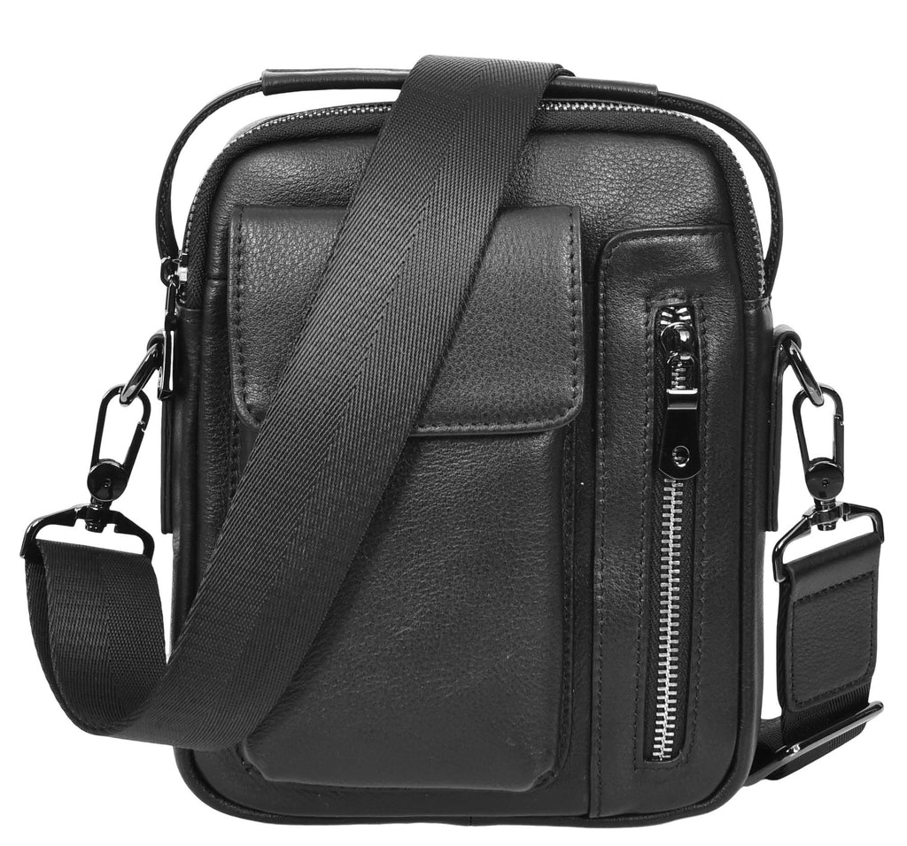 Crosso Men's Leather Cross-Body Organiser Flight Bag Black-7