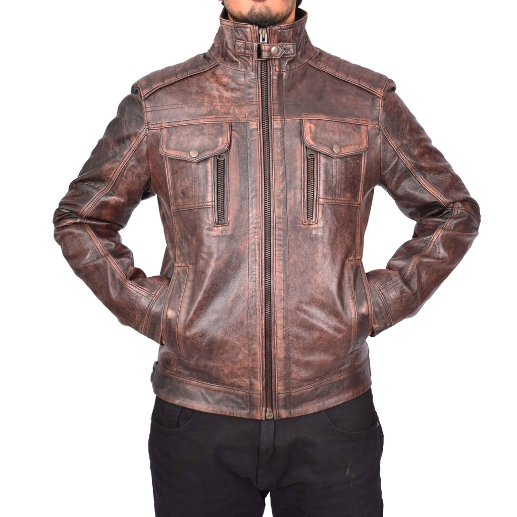 Men's Urban Biker Style Real Leather Jacket Brown Kristoffer 7