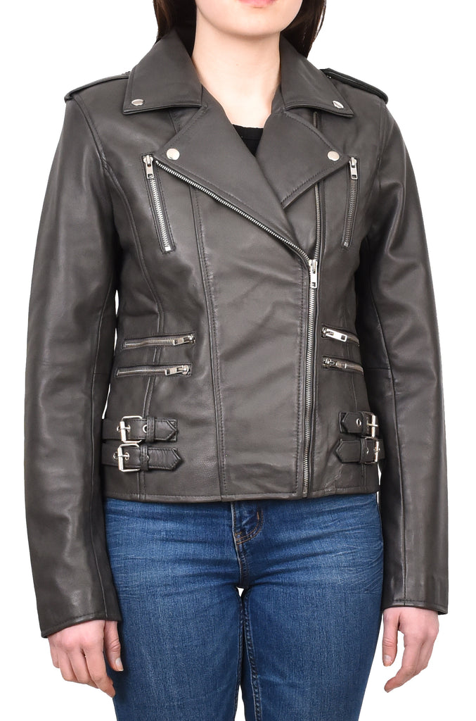 DR195 Women’s Trendy Biker Leather Jacket Grey 6