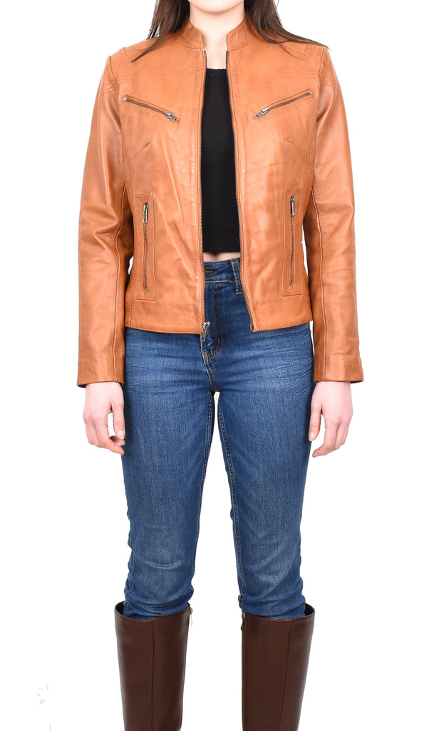 DR200 Ladies Classic Casual Biker Leather Jacket Tan 7