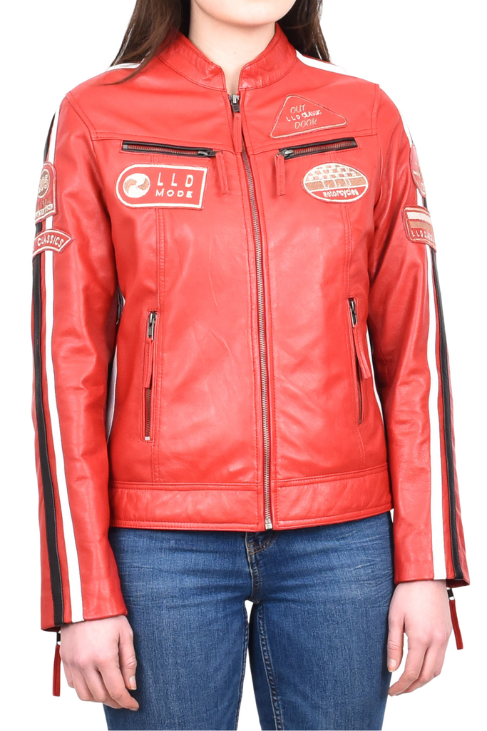 DR674 Women's Soft Real Leather Racing Biker Jacket Red 6