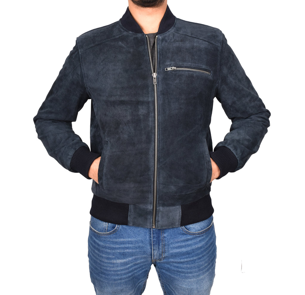 DR120 Men's Suede Leather bomber Jacket Blue 7