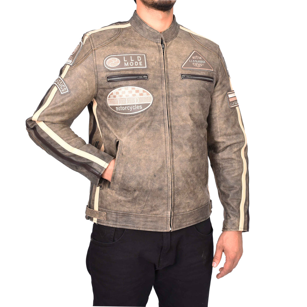 Men's Cafe Racer Leather Jacket Biker Coat with Badges Brown Kennet 8