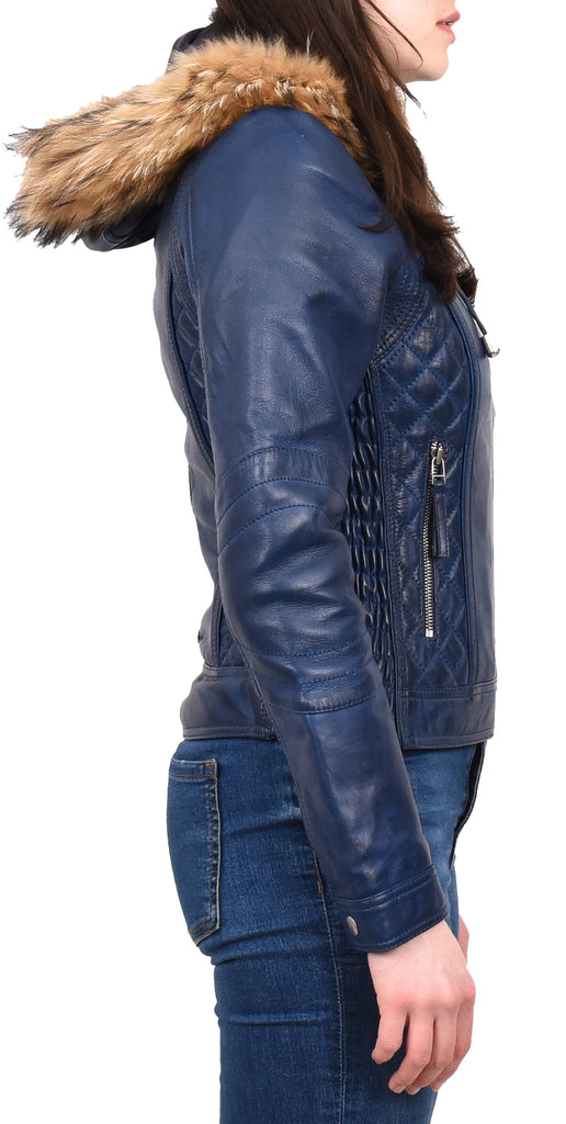 DR261 Women's Detachable Hoodie Biker Leather Jacket Blue 6