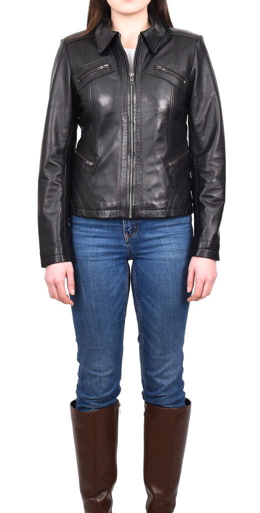 DR223 Women's Classic Leather Biker Zip Box Jacket Black 7