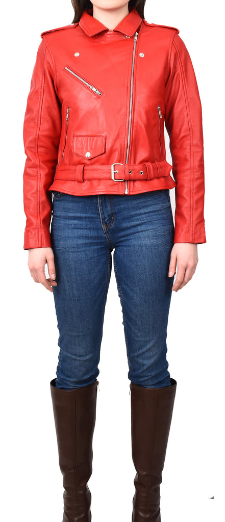 DR199 Women's Hard Ride Biker Style Leather Jacket Red 8