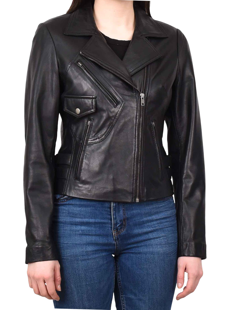 DR208 Women's Collarless Biker Leather jacket Black 7