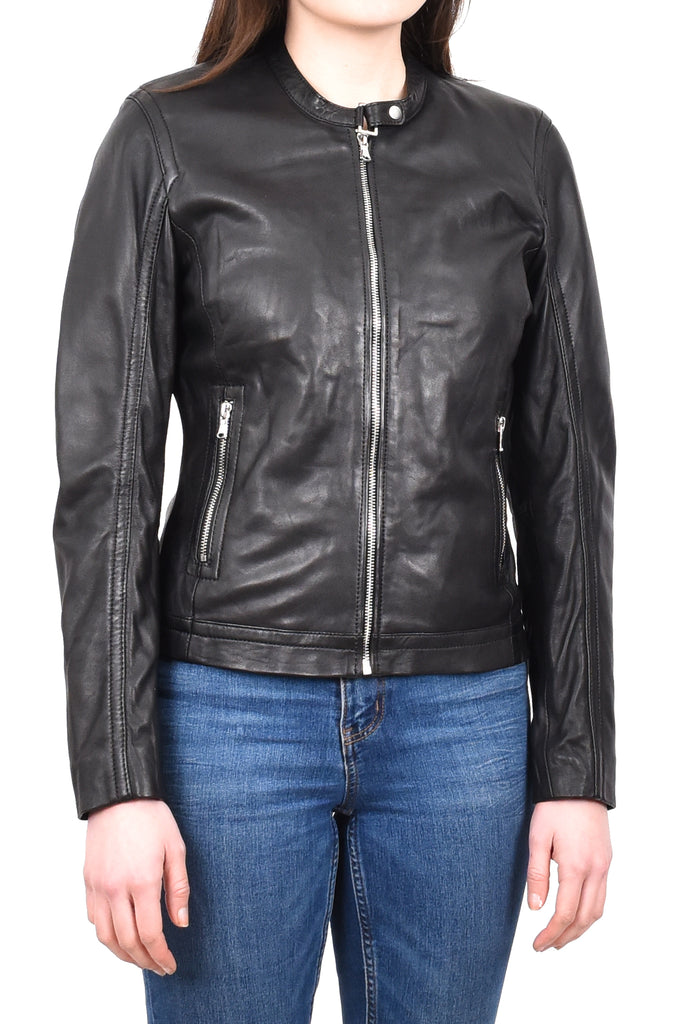 DR247 Women's Soft Leather Biker Style Jacket Black 6