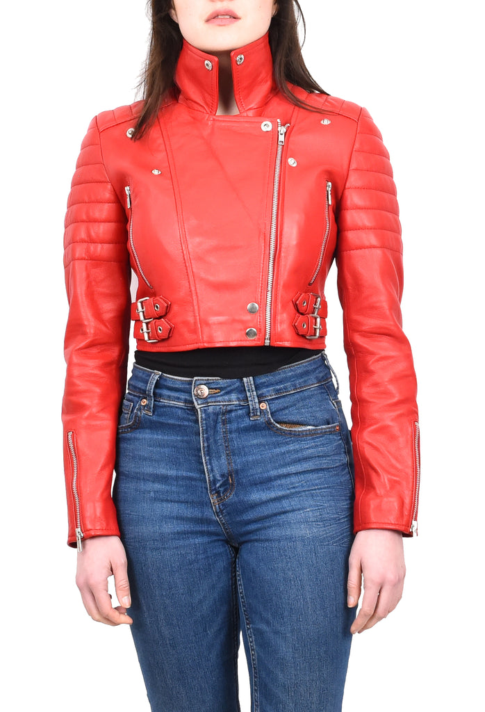 DR197 Women's Short Leather Stylish Biker Jacket Red 7