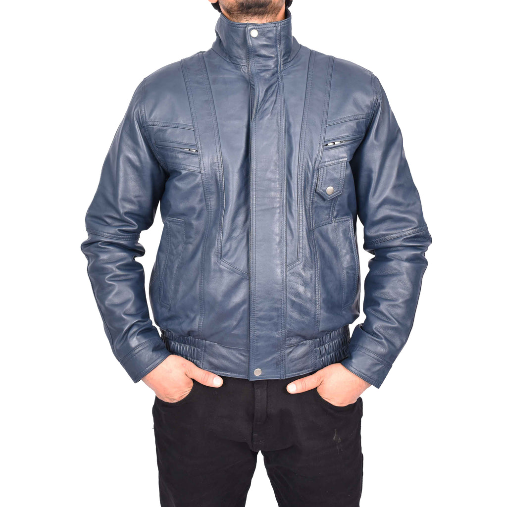 Men's Real Leather Classic Blue Jacket Bomber Blouson Style Errick-7