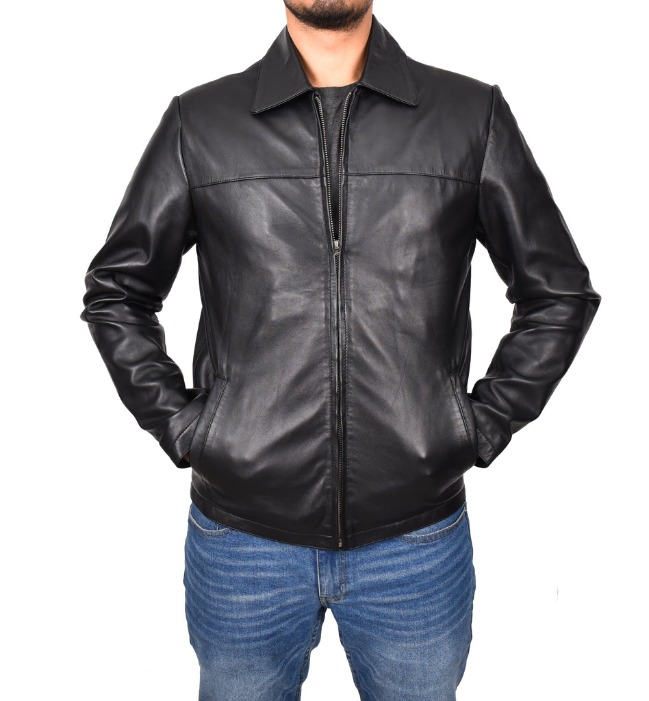 DR104 Men's Classic Zip Box Leather Jacket Black 7