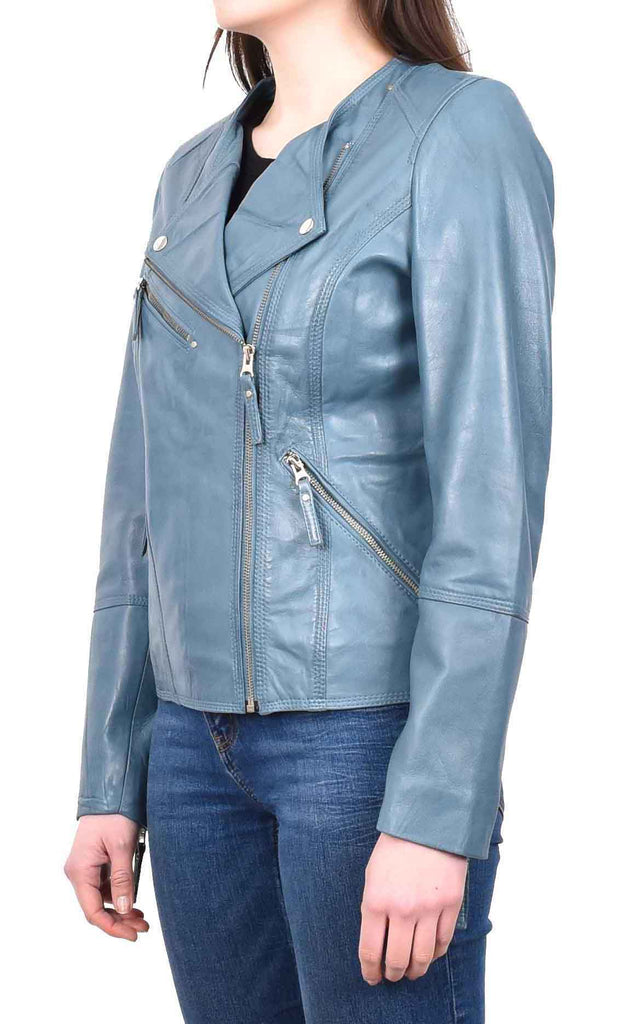 DR572 Women's Casual Cross Zip Leather Jacket Teal 6