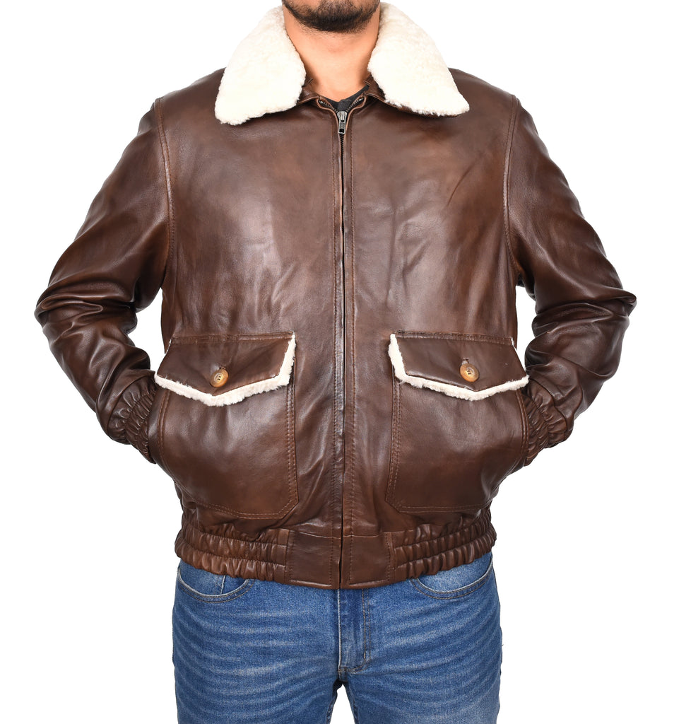 DR183 Men's Leather Bomber Jacket Aviator Style Brown 7