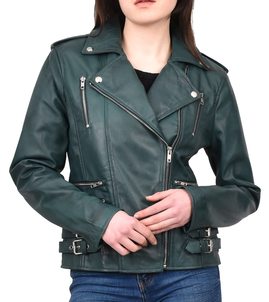 DR195 Women’s Trendy Biker Leather Jacket Teal 7