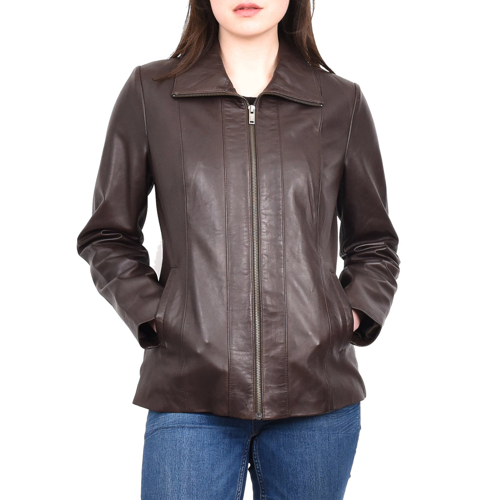 Women's Casual Semi Fitted Real Leather Jacket Brown Raven2 1