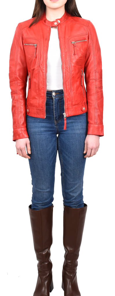 DR245 Women's Real Leather Biker Jacket Red 7