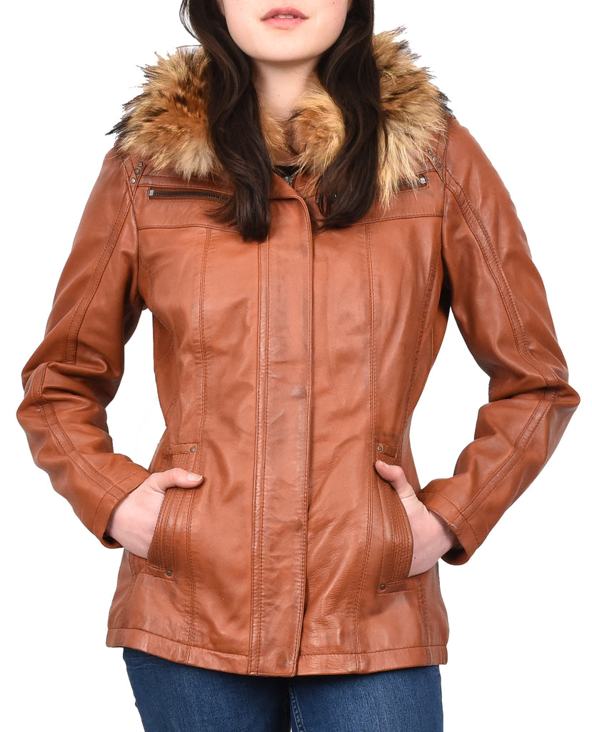 DR258 Women's Leather Jacket with Detachable Collar Cognac 7