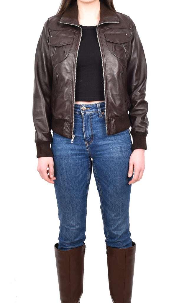 DR514 Womens Leather Classic Bomber Jacket Brown 7