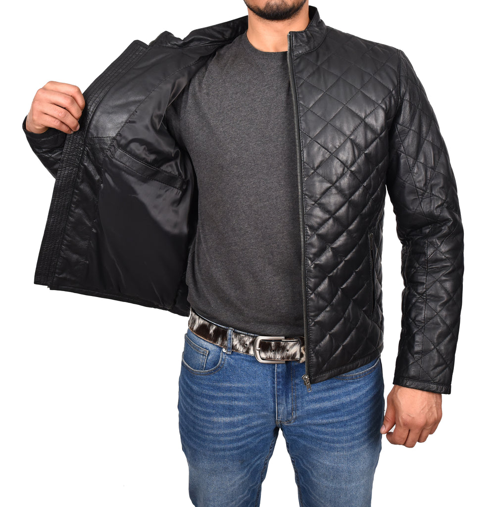 DR179 Men's Leather Puffer Jacket Padded Stand-Up Band Collar Black 7