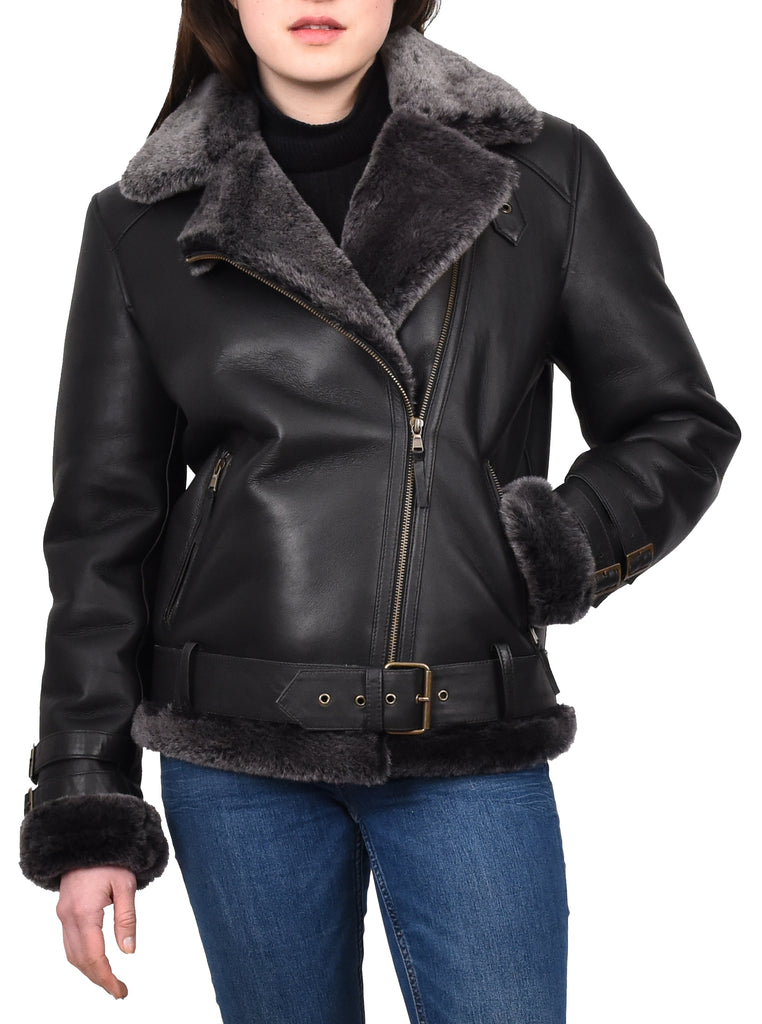 DR251 Women's Sheepskin Italian Classic Look Leather Jacket Black 7