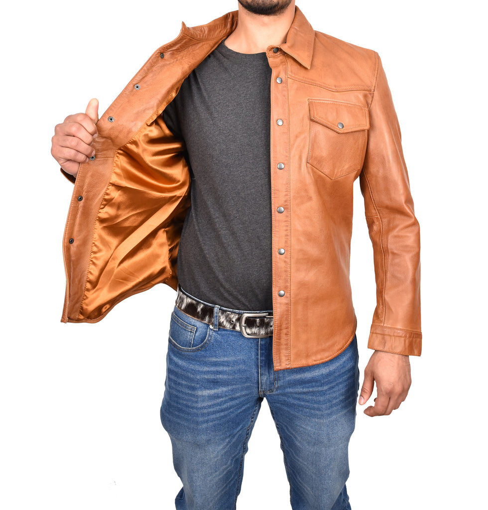 DR548 Men's Classic Leather Trucker Style Shirt Tan 7