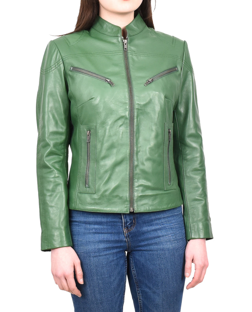 DR200 Ladies Classic Casual Biker Leather Jacket Green 6