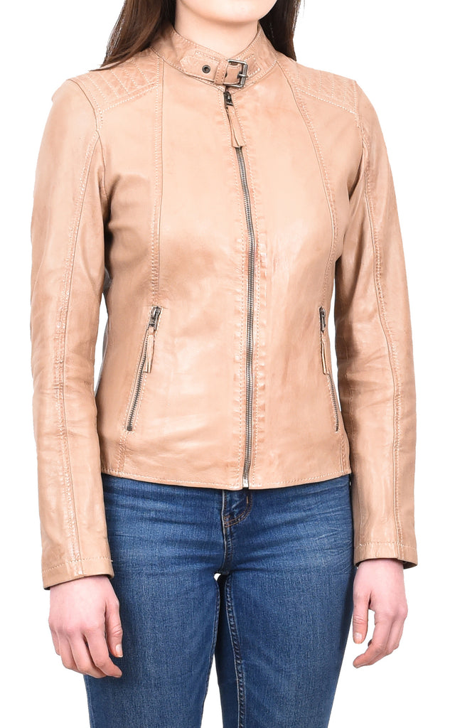 DR263 Women's Real Leather Classic Biker Jacket Beige 6