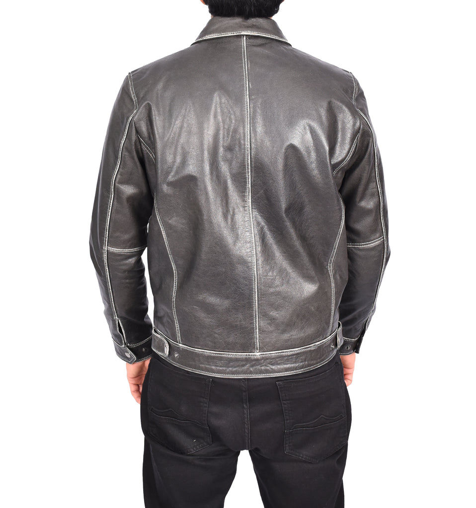 Men's Detachable Hood Biker Real Leather Jacket Kelby Grey-7