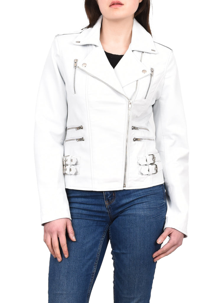 DR195 Women’s Trendy Biker Leather Jacket White Vintage 6