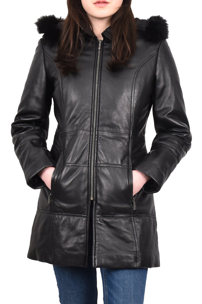 DR254 Women’s Leather 3/4 Length Puffer Coat Black 6