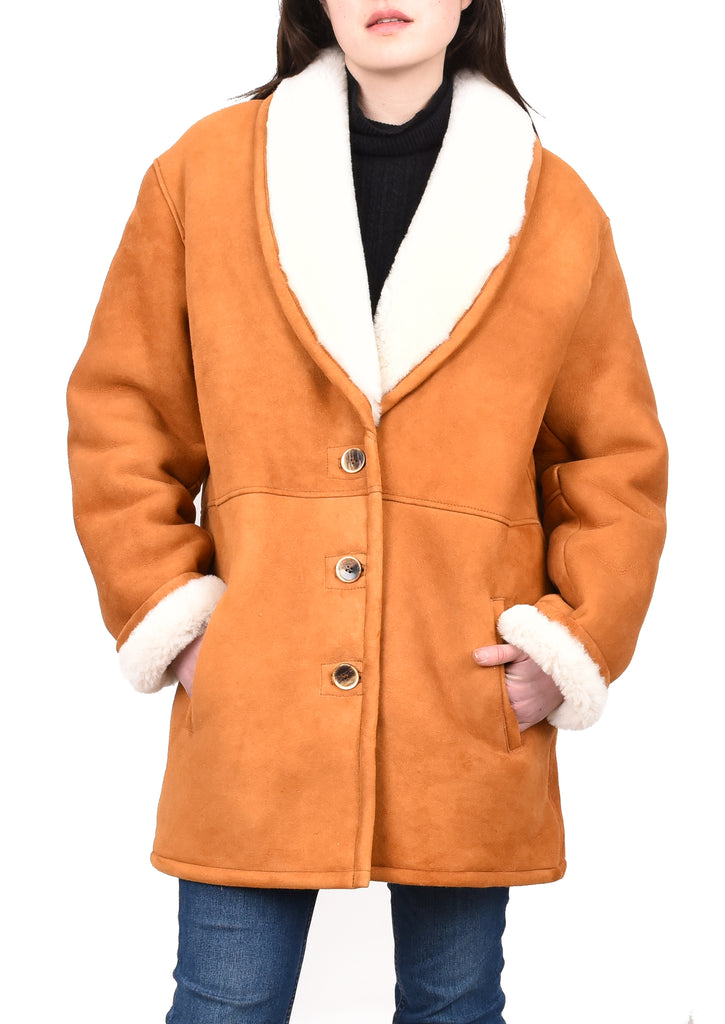 DR595 Women's Soft Sheepskin Mid Length Coat With Fur Collar Cognac 8