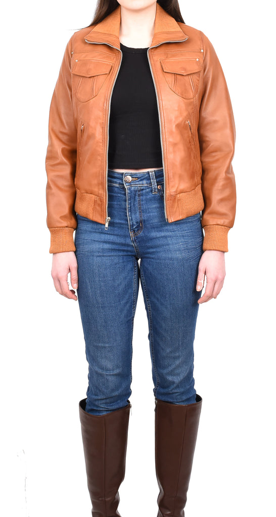 DR514 Womens Leather Classic Bomber Jacket Tan 7