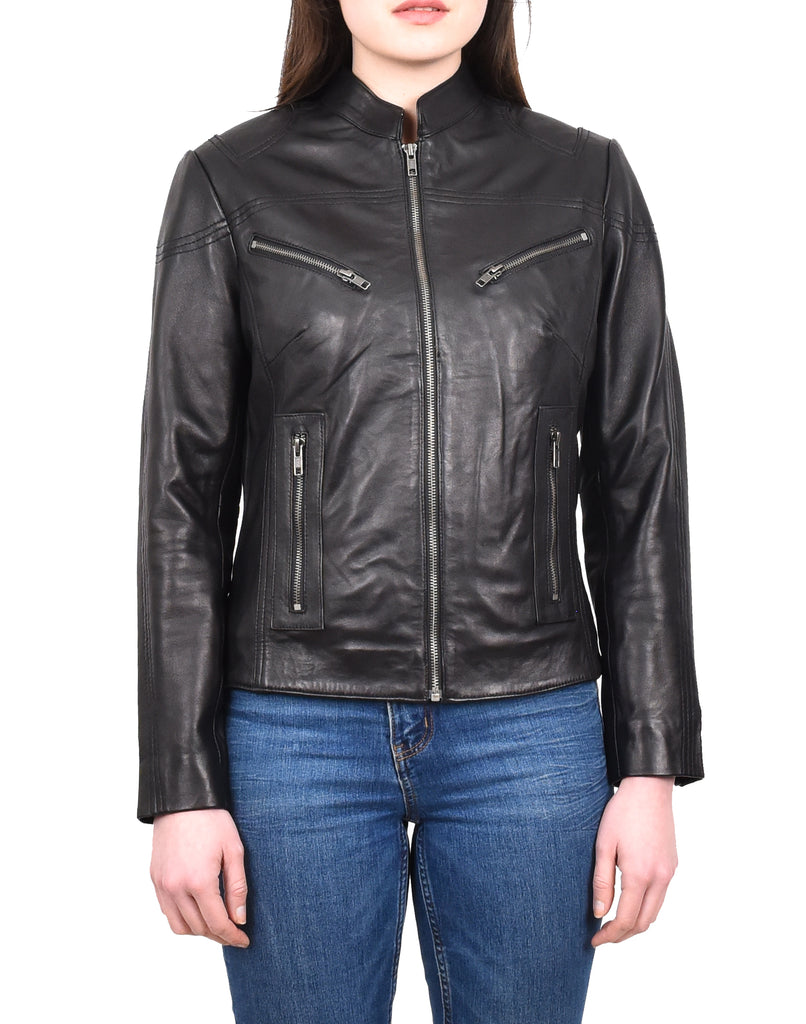 DR200 Ladies Classic Casual Biker Leather Jacket Black 7