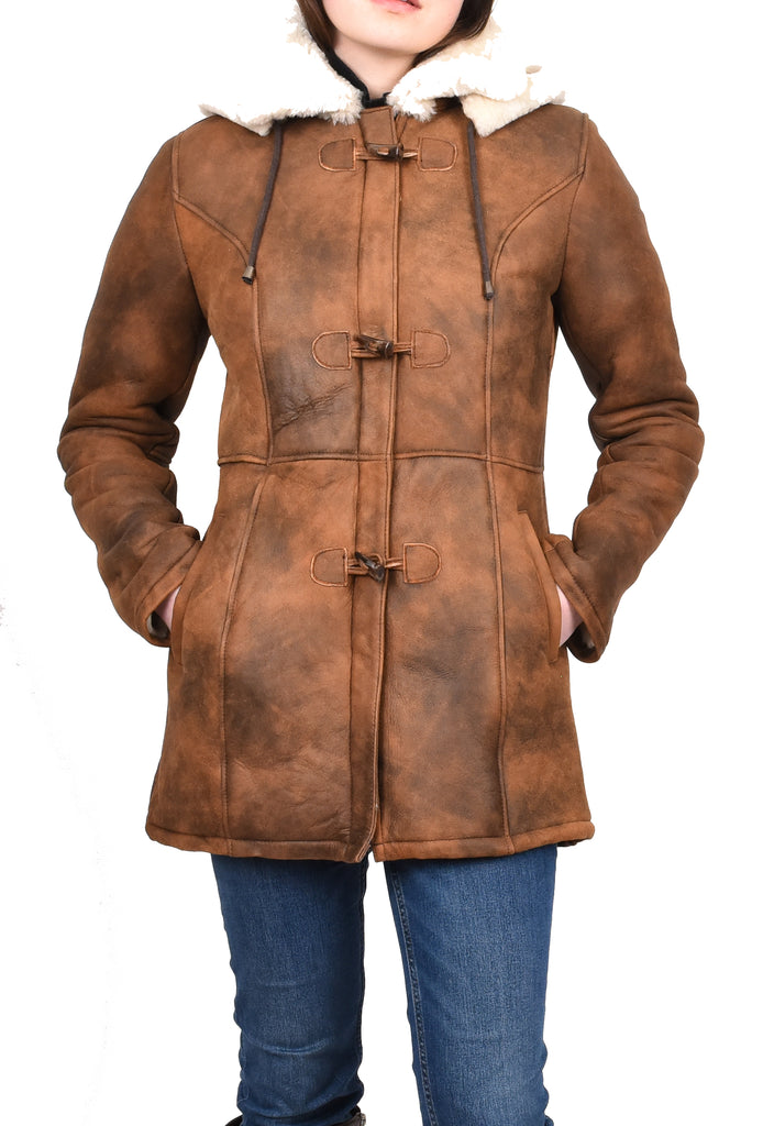 DR229 Women's Sheepskin Duffle Coat Mid Length Tan 8