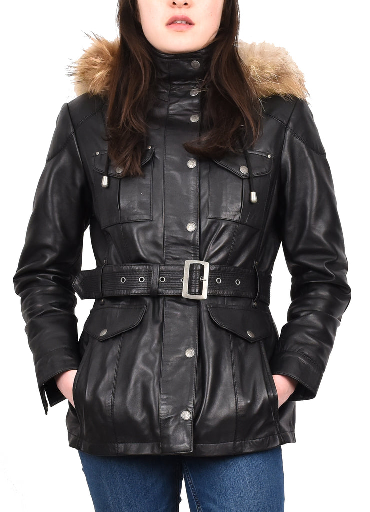 DR225 Women's Winter Warm Leather Hood Jacket Black 7