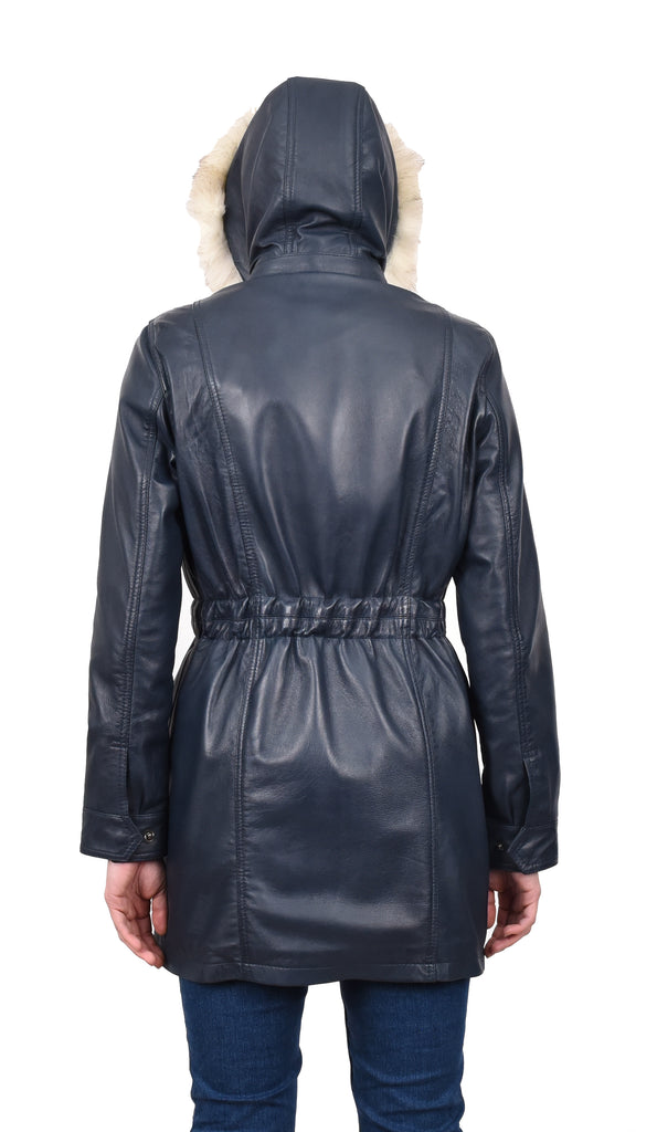 DR204 Women's Smart Long Leather Coat Hood with Fur Blue 8